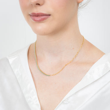 Sterling Silver Gold Plated Greenish Blue Zirconia Paperclip 45.7cm Chain