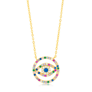 Sterling Silver Gold Plated Multicolour Zirconia Evil Eye Pendant on 45.7cm Chain