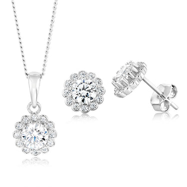 Sterling Silver Cubic Zirconia Halo Pendant And Stud Earrings Set