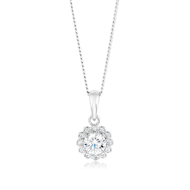 Sterling Silver Cubic Zirconia Halo Pendant And Stud Earrings Set