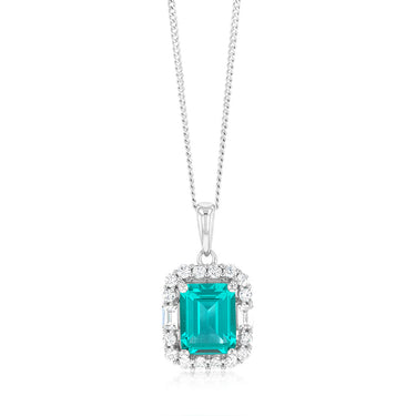 Sterling Silver Rhodium Plated White And Emerald Green Cubic Zirconia Rectangle Pendant