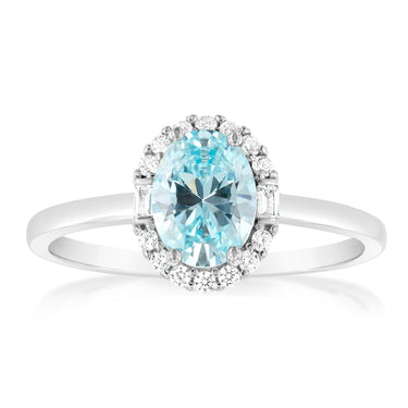 Sterling Silver Rhodium Plated White And Aquamarine Cubic Zirconia Oval Ring