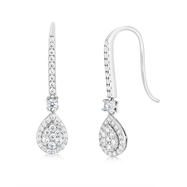 Sterling Silver Rhodium Plated White Cubic Zirconia Fancy Pear Shaped Drop Earrings