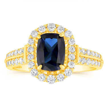 Sterling Silver Gold Plated Created Sapphire And White Zirconia Fancy Ring