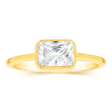 Sterling Silver Gold Plated Rectangle White Zirconia Ring