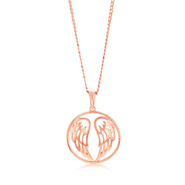 Sterling Silver Rose Gold Plated Angel Wings Round Pendant