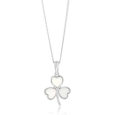 Sterling Silver Rhodium Plated White Shell Pearl Three Leaf Clover Pendant