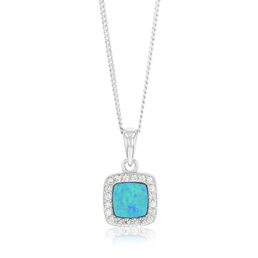 Sterling Silver Rhodium Plated Cubic Zirconia Created Blue Opal Square Pendant