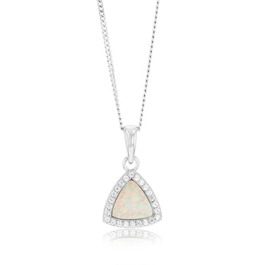 Sterling Silver Rhodium Plated Cubic Zirconia Created White Opal Triangle Pendant