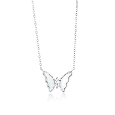 Sterling Silver Rhodium Plated Created White Opal Butterfly Pendant On Chain