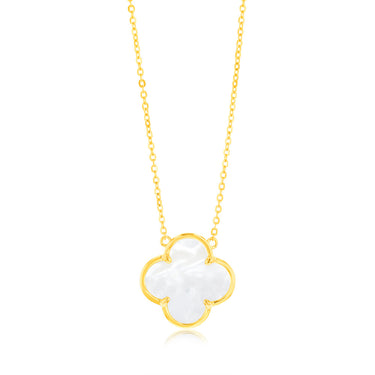 Sterling Silver Gold Plated White Shell Pearl Four Leaf Clover Pendant On Chain