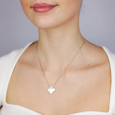 Sterling Silver Gold Plated White Shell Pearl Four Leaf Clover Pendant On Chain