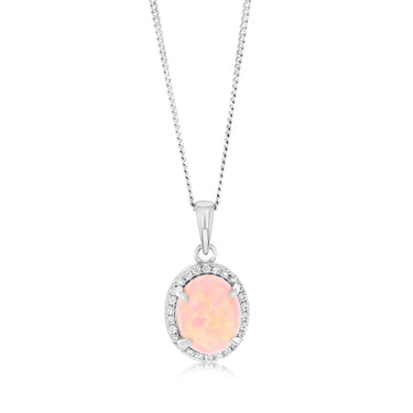 Sterling Silver Rhodium Plated Cubic Zirconia Created Pink Opal Oval Pendant