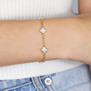 Sterling Silver Gold Plated White Shell Pearl Four Leaf Clover Charm Bracelet