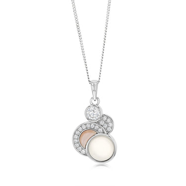 Sterling Silver Rhodium Plated Cubic Zirconia Pink Shell Pearl Moonstone Fancy Pendant