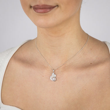 Sterling Silver Rhodium Plated Cubic Zirconia Pink Shell Pearl Moonstone Fancy Pendant