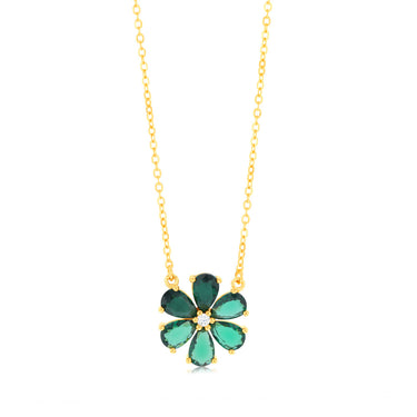 Sterling Silver Gold Plated Green Cubic Zirconia Flower Pendant On Chain