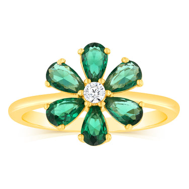 Sterling Silver Gold Plated Green Cubic Zirconia Flower Ring