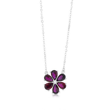 Sterling Silver Rhodium Plated Red Cubic Zirconia Flower Pendant On Chain