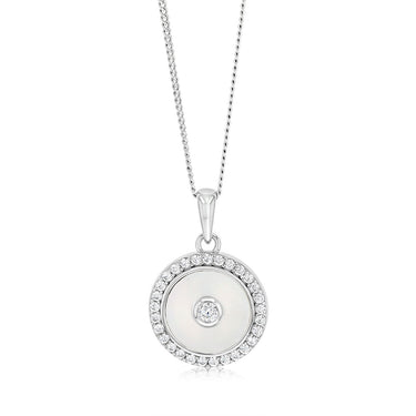 Sterling Silver Rhodium Plated Cubic Zirconia White Shell Pearl Round Pendant