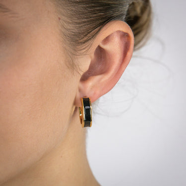 Sterling Silver Gold Plated Black Enamel 15mm Hoop Earrings