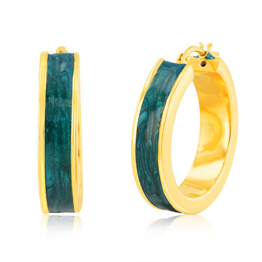 Sterling Silver Gold Plated Green Enamel Round 20mm Hoop Earrings