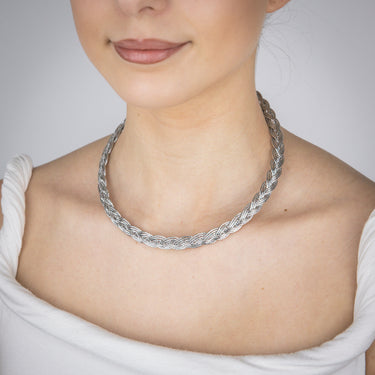 Sterling Silver Rhodium Plated Fancy Braided Broad 45cm Chain