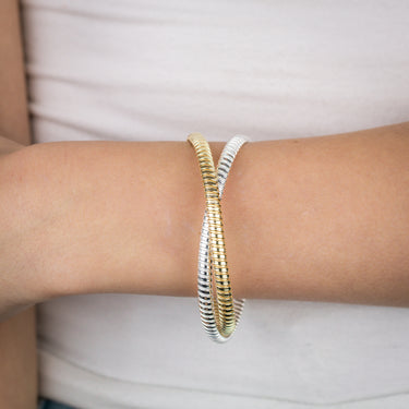 Sterling Silver And Gold Plated Two Tone Rounded Ribbed Double 68mm Bangle