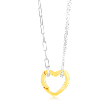 Sterling Silver Gold Plated Heart Pendant On Fancy 45cm Silver Chain