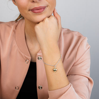 Sterling Silver Two Tone Heart Charm on 17+3cm Bracelet