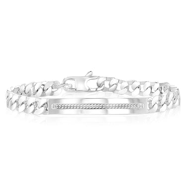 Sterling Silver Four Sides Flat Curb 200 Gauge Patterned ID Plate 20cm Bracelet
