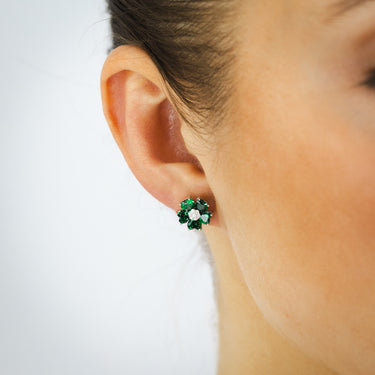 Sterling Silver Rhodium Plated White And Green Cubic Zirconia Flower Stud Earrings