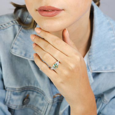 Sterling Silver Rhodium Plated Nano Green And White Cubic Zirconia Fancy Ring