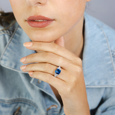 Sterling Silver Rhodium Plated White And Blue Cubic Zirconia Fancy Ring