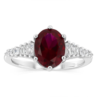 Sterling Silver Rhodium Plated Red Corundum and White Cubic Zirconia Fancy Ring