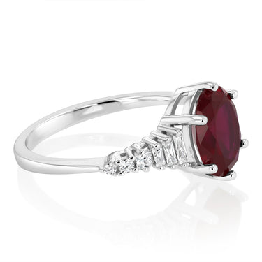 Sterling Silver Rhodium Plated Red Corundum and White Cubic Zirconia Fancy Ring