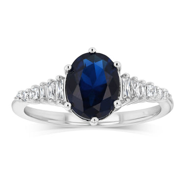 Sterling Silver Rhodium Plated White And Sapphire Blue Cubic Zirconia Fancy Ring