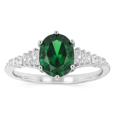 Sterling Silver Rhodium Plated White And Green Cubic Zirconia Ring