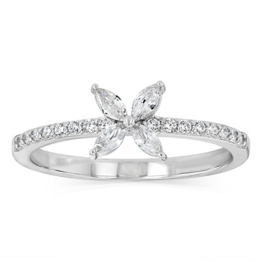 Sterling Silver White Cubic Zirconia Flower Fancy Ring