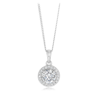 Sterling Silver Round White Cubic Zirconia Halo Pendant