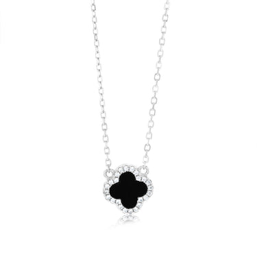 Sterling Silver Rhodium Plated Clover Black Agate And White CZ Pendant On 40-45cm Chain