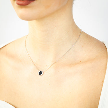 Sterling Silver Rhodium Plated Clover Black Agate And White CZ Pendant On 40-45cm Chain