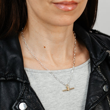 Two Tone Sterling Silver T-Bar Chain Necklace