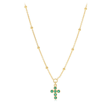 Gold Plated Sterling Silver Green CZ Cross Necklace