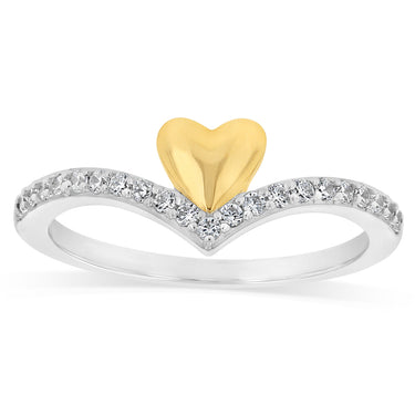 Sterling Silver CZ V-Shaped Ring with Gold Plated Heart