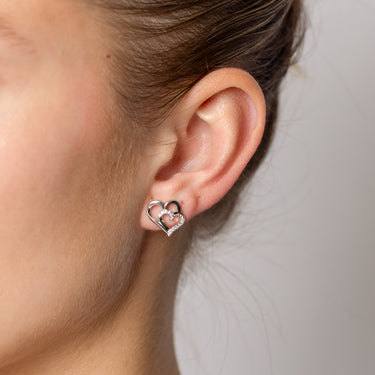 Sterling Silver CZ Double Heart Stud Earrings