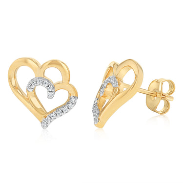 Sterling Silver Gold Plated CZ Double Heart Stud Earrings
