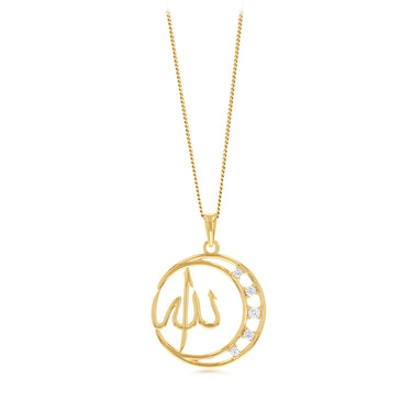 Sterling Silver Gold Plated CZ Crescent Moon Allah Pendant
