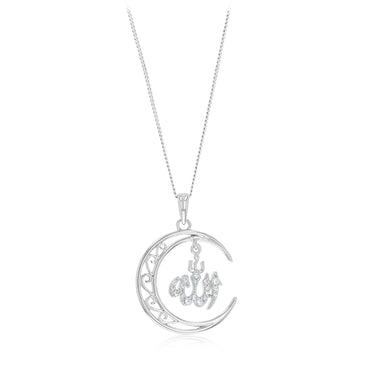 Sterling Silver Filigree Crescent Moon with CZ Allah Pendant