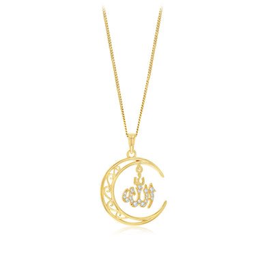 Sterling Silver Gold Plated Filigree Crescent Moon with CZ Allah Pendant